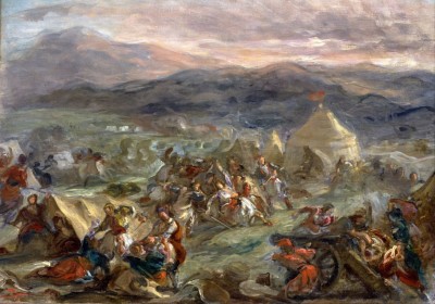 Grafika 1000 - Delacroix EugĂ¨ne : Botzaris surprises the Turkish camp at sunrise, 1860-62 (Botzaris zaskakuje obóz turecki o wschodzie słońca)