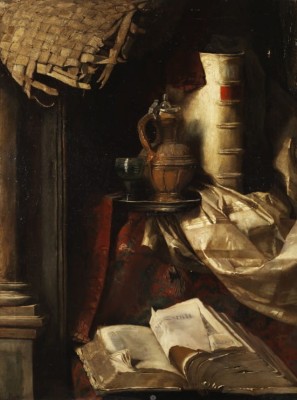 Grafika 2000 - Hermann von Kaulbach: Stilleben mit alten Buechern Krug und Weinglas, 1865 (Martwa natura ze starymi książkami dzban i lampka)