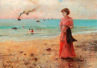 Grafika 1000 - Alfred Stevens: Young Woman with Red Sunshade by the Sea, 1885 ( Alfred Stevens: Młoda kobieta z czerwonym parasolem nad morzem )