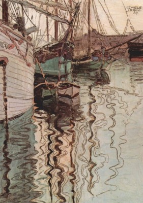 Grafika 1000 - Egon Schiele : Sailboats in the water at the Port of Triest, 1907 (Żaglówki w wodzie w porcie w Trieście)