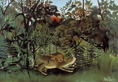 Grafika 1000 - Henri Rousseau : The Hungry Lion Throws on the Antelope, 1905 (Głodny lew rzuca się na antylopy)
